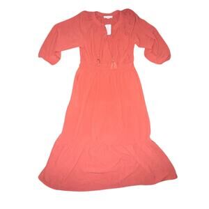 NEW LUCKY BRAND TIERED BOTTOM CORAL 3/4 BALLOON SLEEVES V NECK TASSEL TIE DRESS